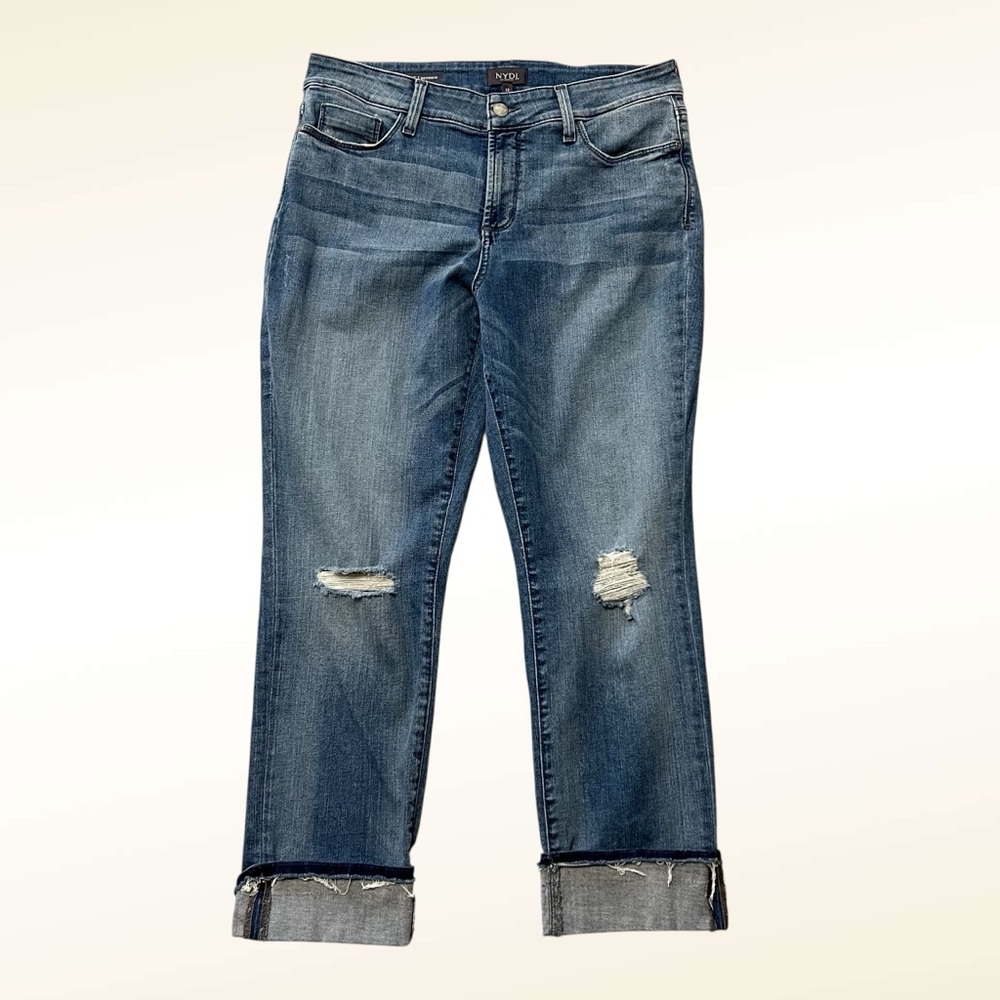NYDJ Marnie Boyfriend Crop Jeans Size 12 Roll Cuff Distressed Bleached Raw Hems